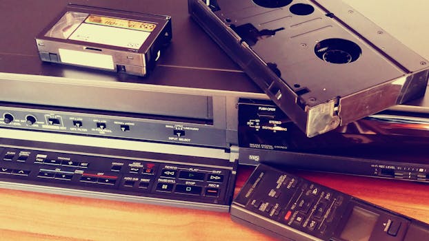 Vintage VHS player with cassette and remote control, representing classic tech nostalgia.